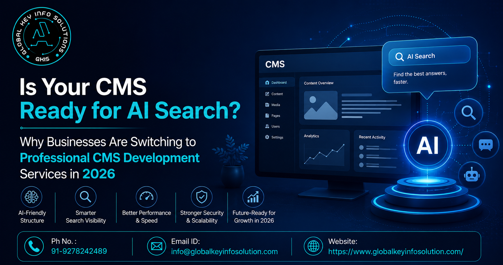 Business team reviewing CMS development services dashboard for AI search readiness in 2026